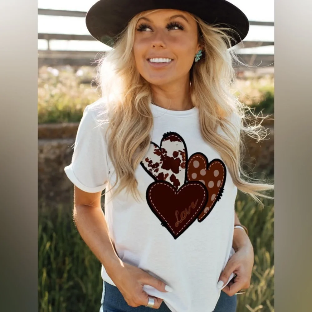 White Animal Polka Dot Letter Print Heart Shape Casual Graphic Top - Picture 1 of 6